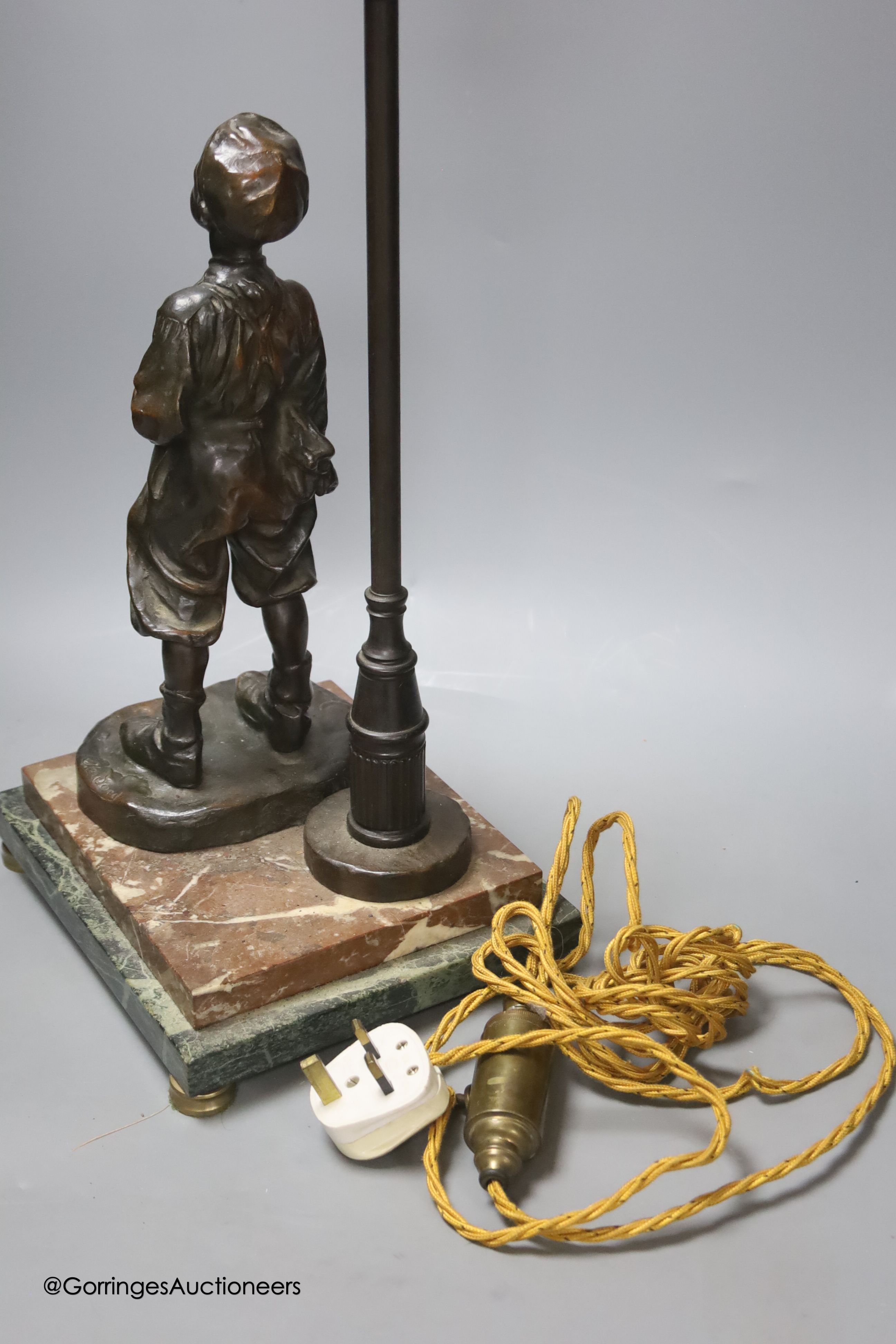 A bronze desk lamp, a boy standing beneath a street lamp, signed, height 62cm